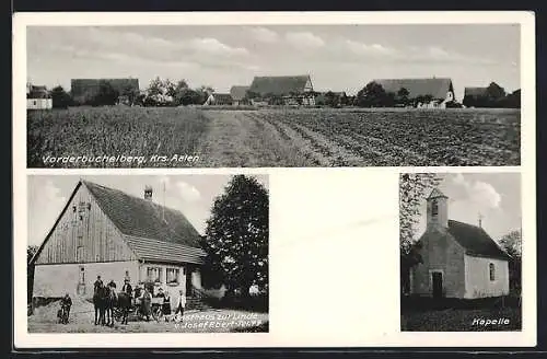 AK Vorderbüchelberg / Abtsgemünd, Gasthaus zur Linde J. Ebert, Kapelle, Ortspanorama mit Acker