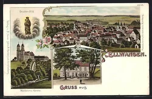 Lithographie Ellwangen, Gnaden-Bild, Wallfahrts-Kirche und Ortspanorama