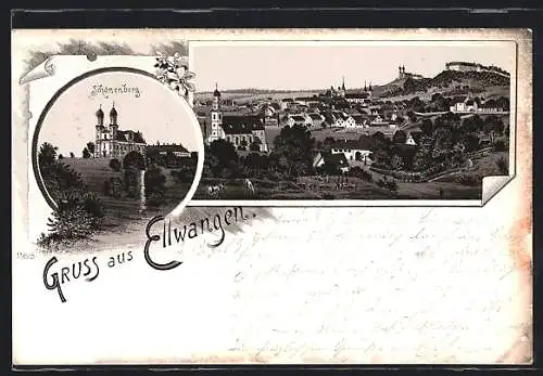 Lithographie Ellwangen, Ortsansicht und Schönenberg