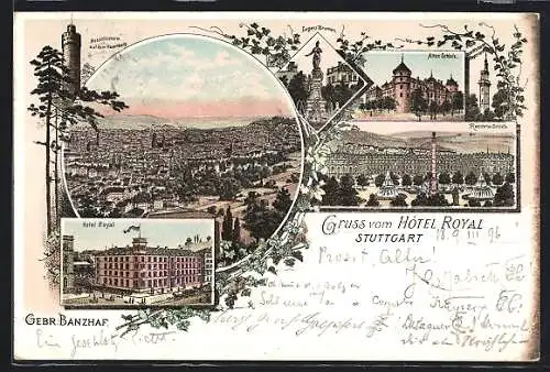 Lithographie Stuttgart, Hotel Royal, Residenz-Schloss, Eugens-Brunnen und Gesamtansicht
