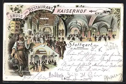 Lithographie Stuttgart, Restaurant Kaiserhof, Billardspieler, Wappen