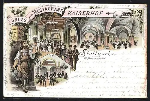 Lithographie Stuttgart, Restaurant Kaiserhof, Billardspieler, Wappen