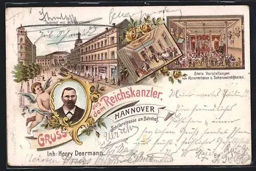 Lithographie Hannover, Gaststätte Reichskanzler H. Deermann, Schillerstrasse, mit Besitzer-Portrait, Clubzimmer, Saal