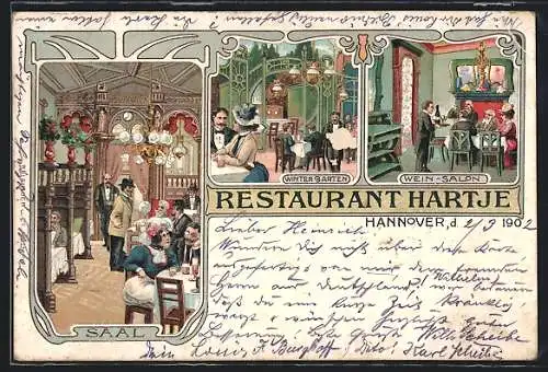 Lithographie Hannover, Restaurant Hartje, Wintergarten, Wein-Salon