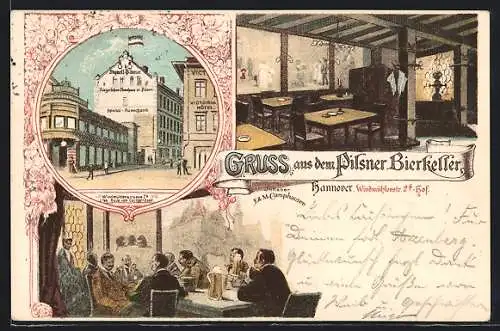 Lithographie Hannover, Gasthaus Pilsner Bierkeller, Innenansichten