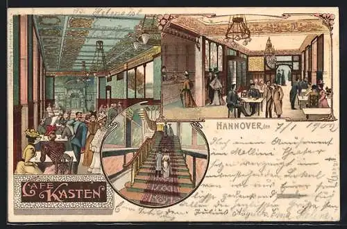 Lithographie Hannover, Cafe Kasten, Eingangshalle, Saal, Treppenhaus