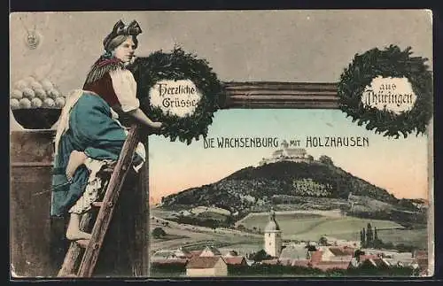 Passepartout-AK Holzhausen /Th., Ortsansicht mit Wachsenburg, Thüringerin und Klossschüssel