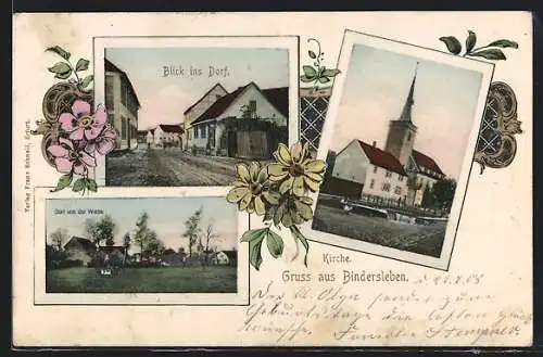 AK Bindersleben, Strassenpartie, Kirche, Dorf von der Wiese