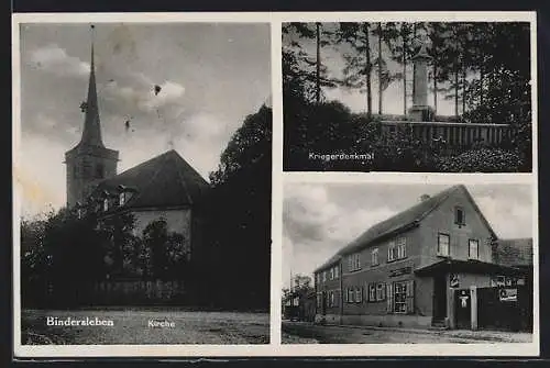 AK Bindersleben, Geschäftshaus, Kriegerdenkmal, Kirche