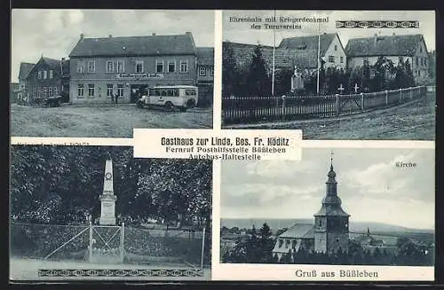 AK Büssleben über Erfurt, Gasthaus zur Linde, Kriegerdenkmal, Kirche, Ehrenhain des Turnvereins