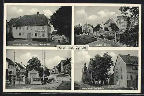 AK Egstedt, Gasthaus mit Omnibusstelle, Denkmal, Dorfstrasse, Kirche