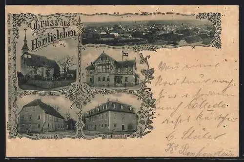 AK Hardisleben, Gemeinde-Gasthaus, Schloss, Oberförsterei, Totalansicht