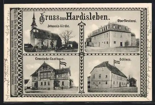 AK Hardisleben, Gemeinde-Gasthaus, Schloss, Oberförsterei, Johannis-Kirche