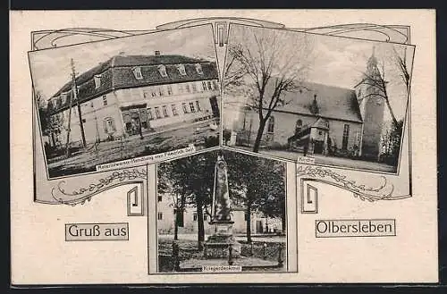AK Olbersleben, Materialwarenhandlung von Friedrich Seil, Kirche, Kriegerdenkmal