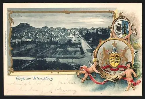 Passepartout-Lithographie Weinsberg, Ortspartie mit Wappen