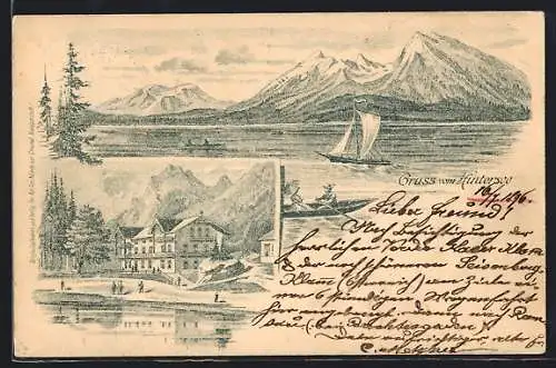Lithographie Hintersee / Berchtesgaden, Hotel und Boote auf dem See