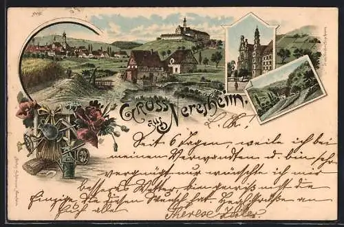 Lithographie Neresheim, Kirche, Wassermühle und Ortsansicht