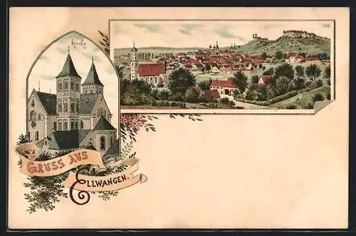 Lithographie Ellwangen, Kirche und Ortsansicht