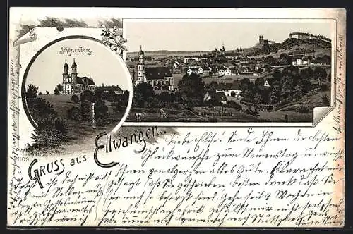 Lithographie Ellwangen, Ortsansicht und Schönenberg