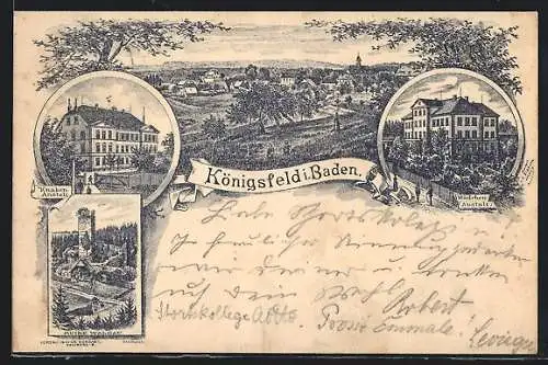 Lithographie Königsfeld i. Baden, Knaben-Anstalt, Mädchen-Anstalt und Ruine Waldau