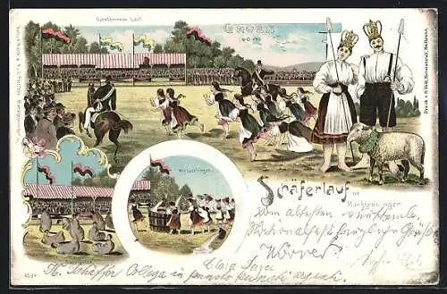 Lithographie Markgröningen, Volksfest Schäferlauf, Wassertragen, Sacklaufen