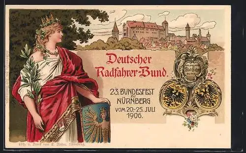 Künstler-AK Nürnberg, 23. Bundesfest des Deutschen Ratdfahrer-Bundes 1906, Teilansicht, Frau mit Wappen