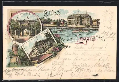 Lithographie Engers a. Rh., Hotel zur Rümerbrücke, Kriegsschule und Römerthurm