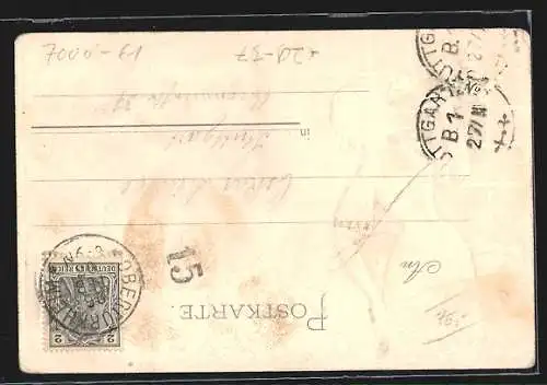 Passepartout-Lithographie Stuttgart-Rothenberg, Teilansicht m. geprägter Frau in Tracht