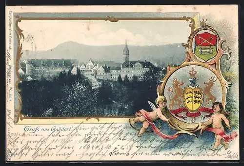 Passepartout-Lithographie Gaildorf, Teilansicht mit Bergpanorama, Wappen mit Putten