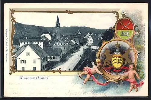 Passepartout-Lithographie Gaildorf, Strassenpartie mit Kirchturm, Wappen