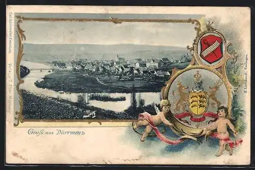 Passepartout-Lithographie Dürrmenz, Ortsansicht mit Flusspartie, Wappen