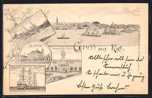 Lithographie Kiel, SMS Hohenzollern, Kgl. Schloss, Festschiff Niobe, Leuchtturm bei Holtenau