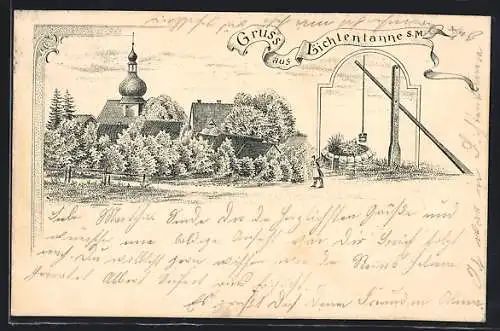 Lithographie Lichtentanne / Leutenberg, Teilansicht mit Kirche, Brunnen