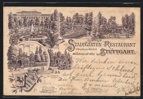 Lithographie Stuttgart, Stadtgarten-Restaurant, Schloss, Denkmal