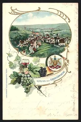 Lithographie Obertürkheim, Gesamtansicht aus der Vogelschau, Posthorn, Wein-Stilleben, Wappen