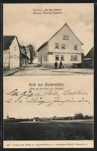 AK Bindersleben bei Erfurt, Gasthaus zu den Linden H. Kleemann mit Strasse, Ortspanorama von Süden