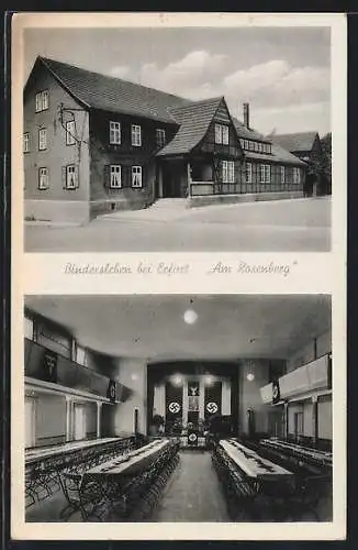 AK Bindersleben bei Erfurt, Gasthaus Am Rosenberg H. Freudenberg mit Saal, -Fahnen