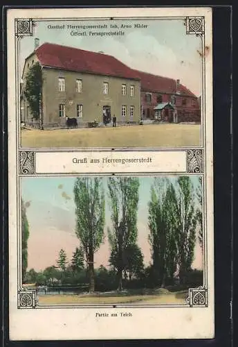 AK Herrengosserstedt, Gasthof von Arno Mäder, Partie am Teich