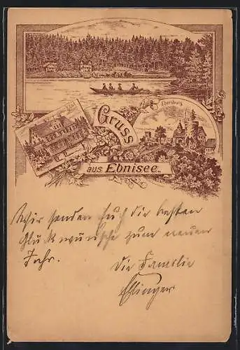 Lithographie Ebnisee, Hotel, Ebersburg, Ruderboot auf dem See