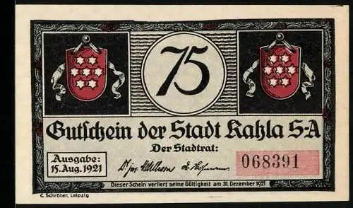 Notgeld Kahla /S-A 1921, 75 Pfennig, Wappen, Muck