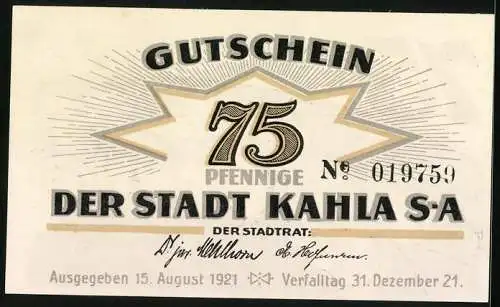 Notgeld Kahla /S-A 1921, 75 Pfennig, Porzellan, Ortsansicht