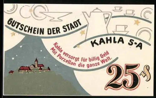 Notgeld Kahla /S-A 1921, 25 Pfennig, Porzellan, Ortsansicht