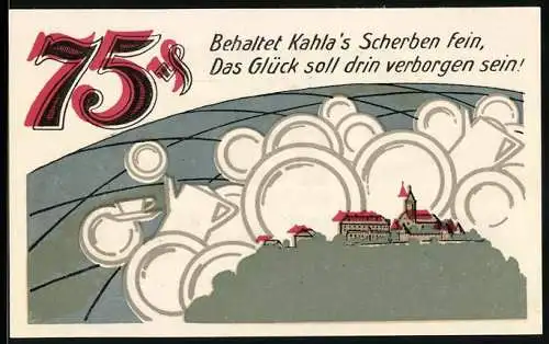 Notgeld Kahla /S-A 1921, 75 Pfennig, Porzellan, Ortsansicht