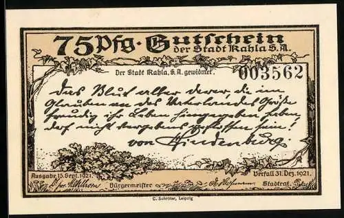 Notgeld Kahla /S. A. 1921, 75 Pfennig, Ehrenhof des Leuchtenburg-Ehrenmals