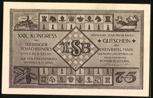 Notgeld Kahla a. d. Saale 1921, 75 Pfennig, XXIX. Kongress des Thüringer Schachbundes