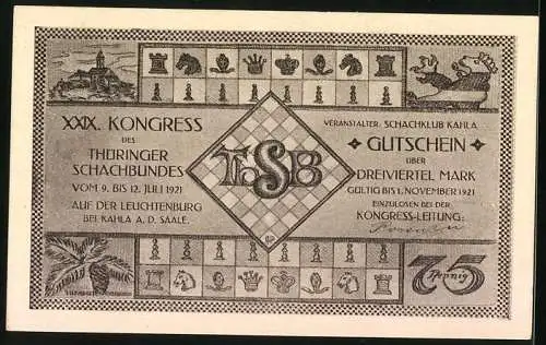 Notgeld Kahla a. d. Saale 1921, 75 Pfennig, XXIX. Kongress des Thüringer Schachbundes