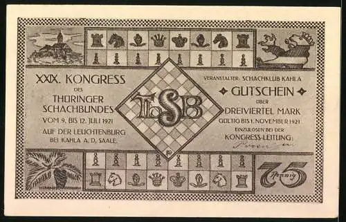 Notgeld Kahla a. d. Saale 1921, 75 Pfennig, XXIX. Kongress des Thüringer Schachbundes