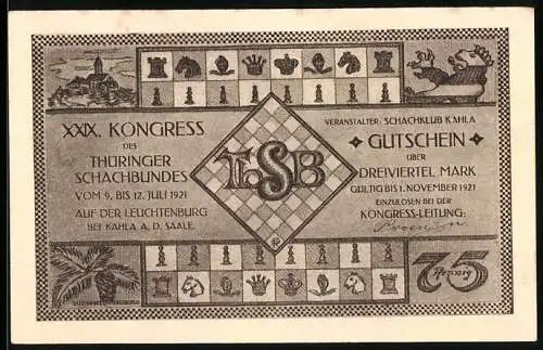 Notgeld Kahla a. d. Saale 1921, 75 Pfennig, XXIX. Kongress des Thüringer Schachbundes