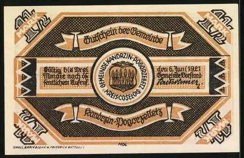 Notgeld Kandrzin-Pogorzelletz 1921, 1,50 Mark, Zerstörte Klodnitzbrücke