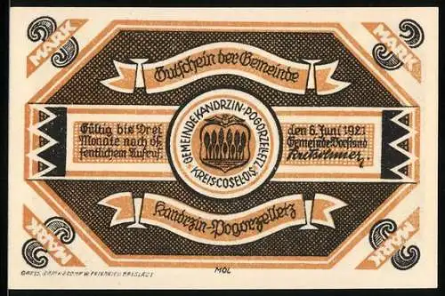 Notgeld Kandrzin-Pgorzelletz 1921, 3 Mark, Alte Schrotholzkirche
